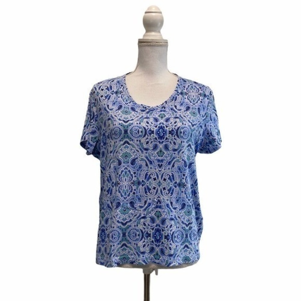 Croft & Barrow XXL Classic Tee Paisley Print Short Sleeve Top Blue Casual Blouse